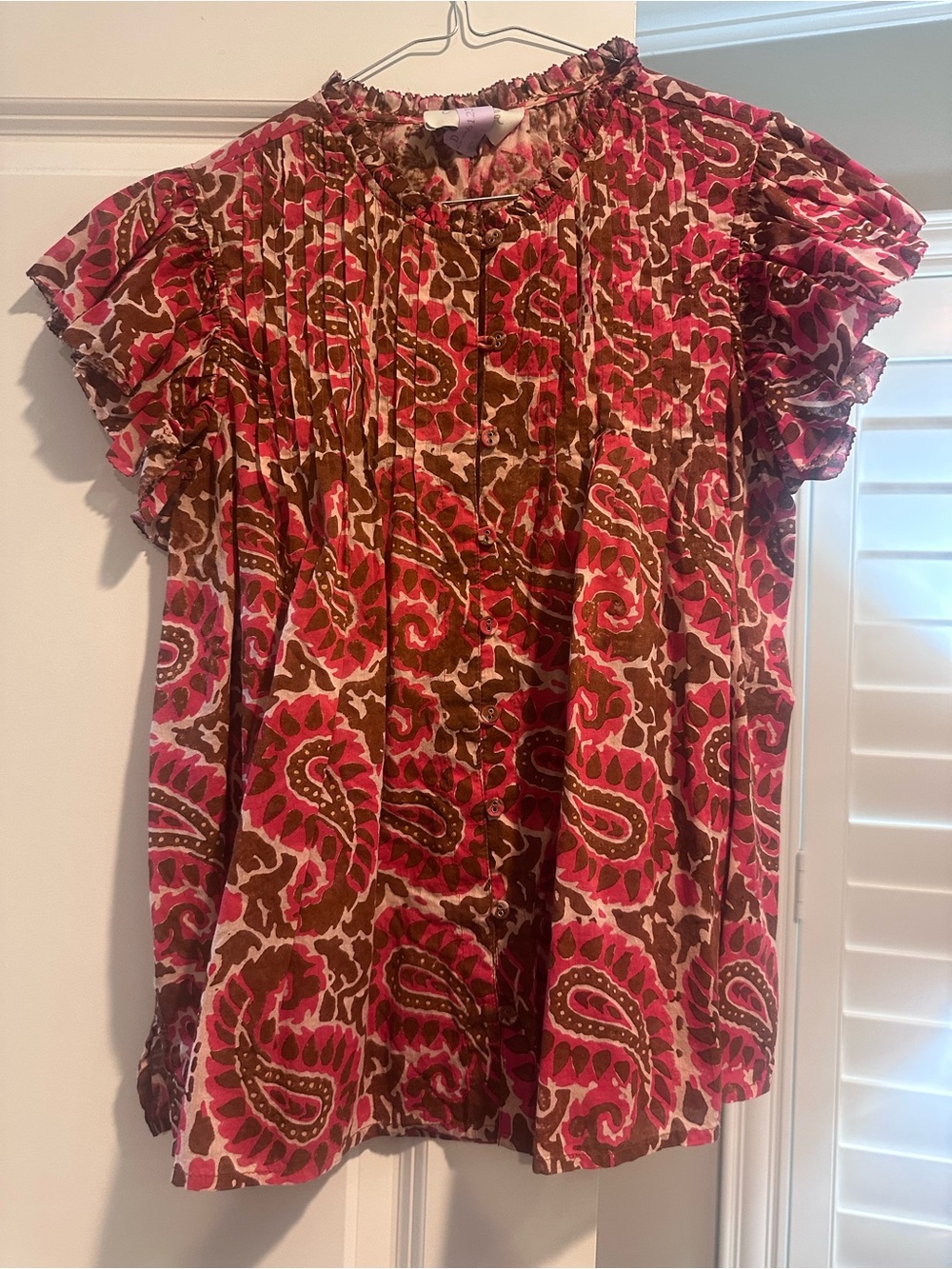 Cleobella Pink and Brown Paisley Ruffle Sleeve Blouse